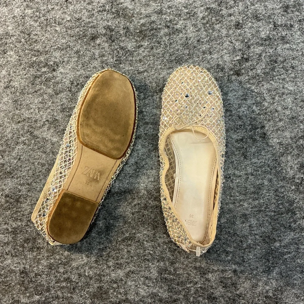 Zara Beige Bedazzled Fishnet 90s Trendy Ballet Flats With Bow Detail Size 35 - Picture 3 of 4